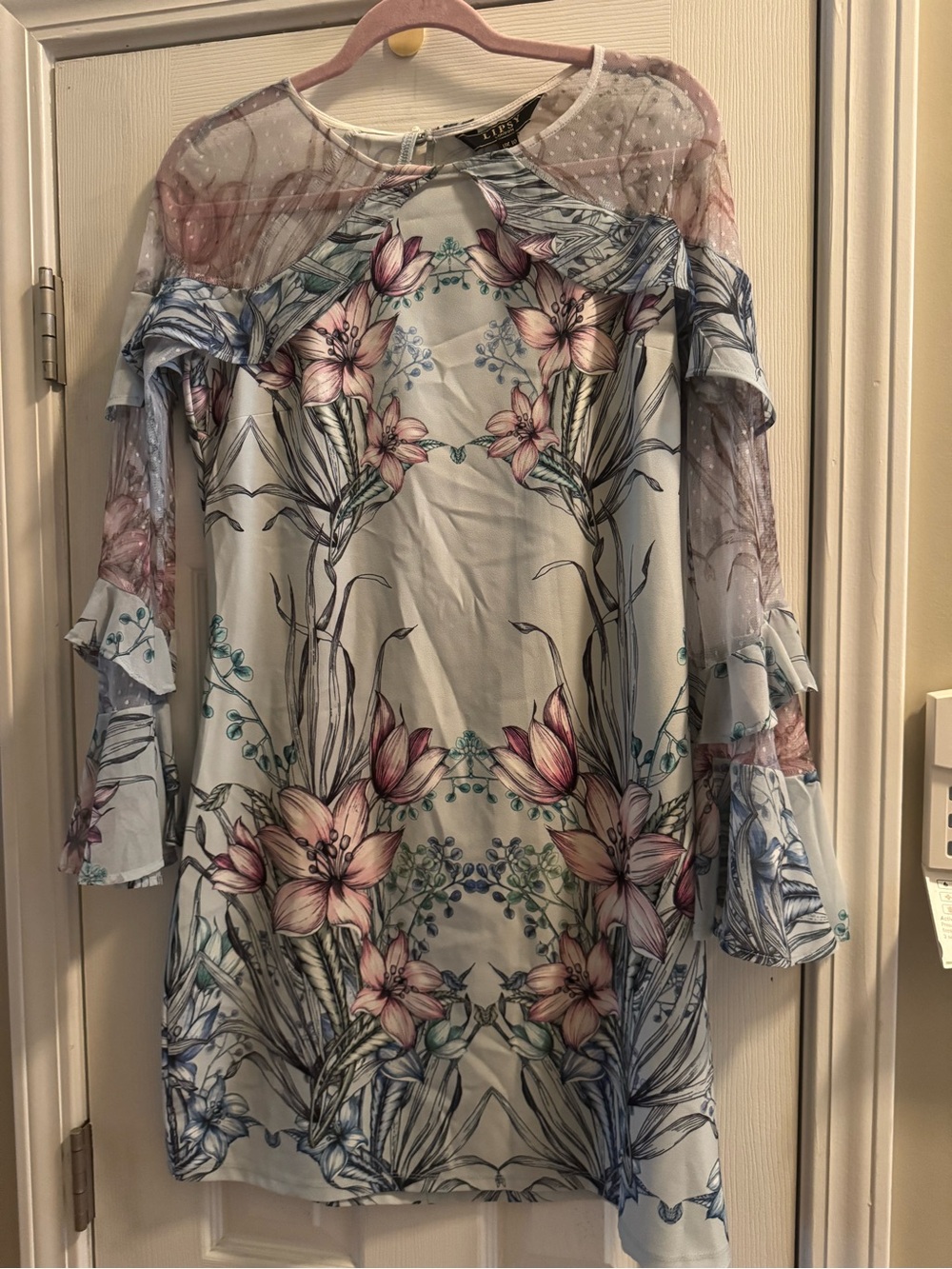 Lipsy Light Blue Floral Lace-Trim Long Sleeve Dress